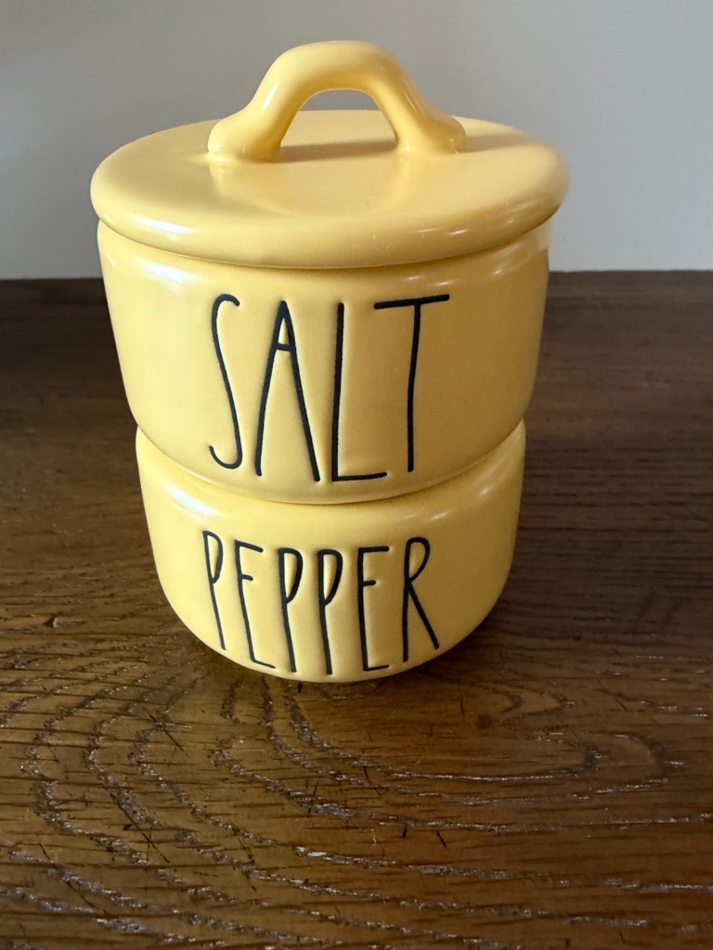 Rae Dunn Yellow Salt and Pepper Ceramic Stacking Cellar Set.